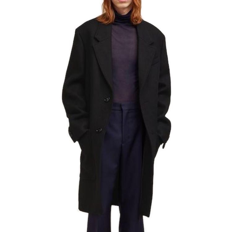 Lookbook AMI Paris FW23 Mantel Hitam Wool Single-Breasted Lelaki HCO005WV0020001