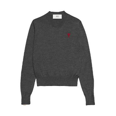 AMI Paris FW23 Heart Embroidered Merino Wool Crewneck Sweater - Smoky Gray FKS111KN0025055