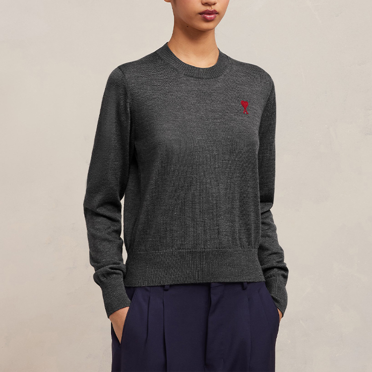 AMI Paris FW23  Heart Embroidered Merino Wool Crewneck Sweater - Smoky Gray FKS111KN0025055 圖 5