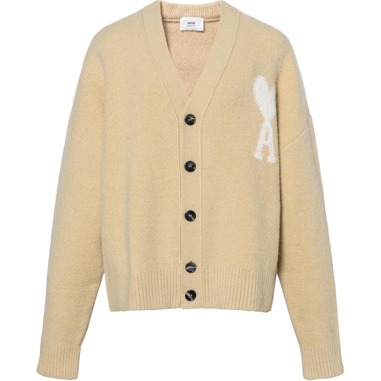 AMI Paris FW23 Big Heart Embroidery V-Neck Cloud Knit Cardigan Unisex Cream. UKC025KN0032719