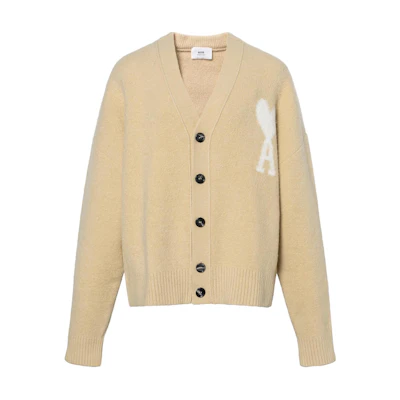 AMI Paris FW23 Big Heart Embroidery V-Neck Cloud Knit Cardigan Unisex Cream. UKC025KN0032719