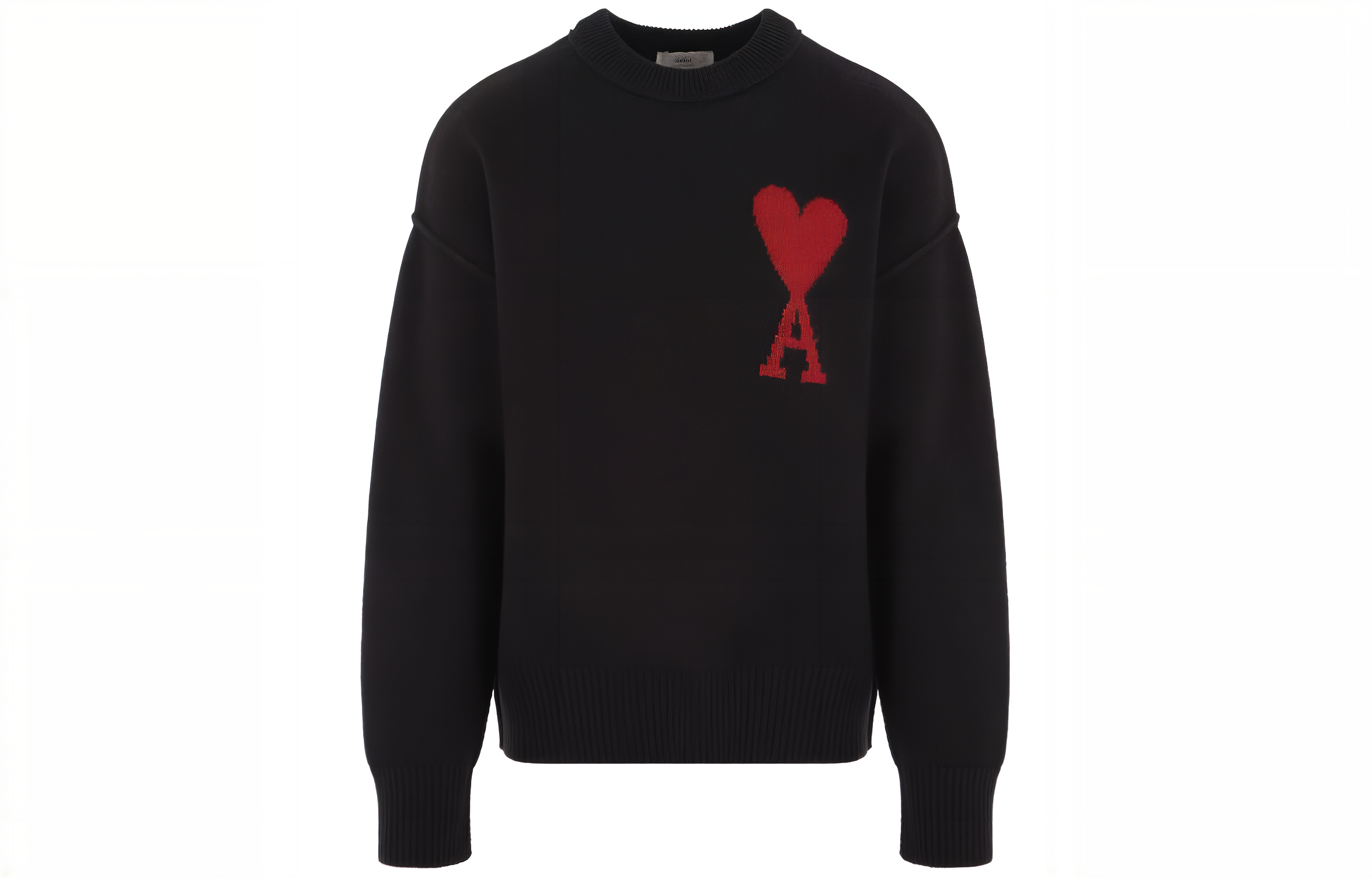 AMI Paris FW23 Black Heart Embroidered Wool Knit Crewneck Sweater Unisex. BFUKS006018-009