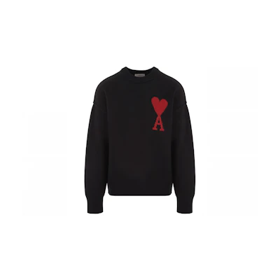 AMI Paris FW23 Black Heart Embroidered Wool Knit Crewneck Sweater Unisex. BFUKS006018-009