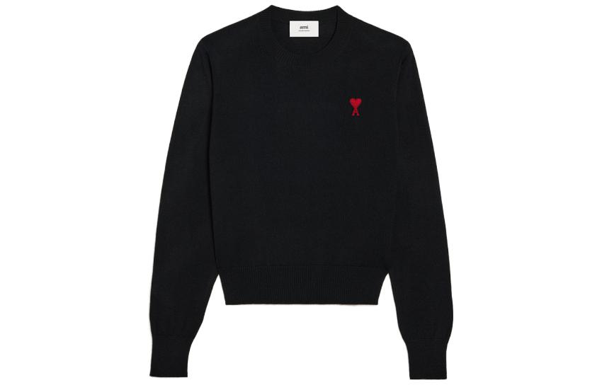AMI PARIS FW23 Black Merino Wool Crewneck Sweater with Heart Embroidery Unisex BFFKS111.KN0025