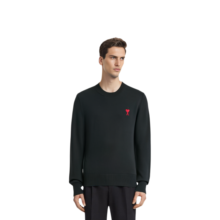 AMI PARIS FW23 Black Merino Wool Crewneck Sweater with Heart Embroidery Unisex BFFKS111.KN0025 圖 5