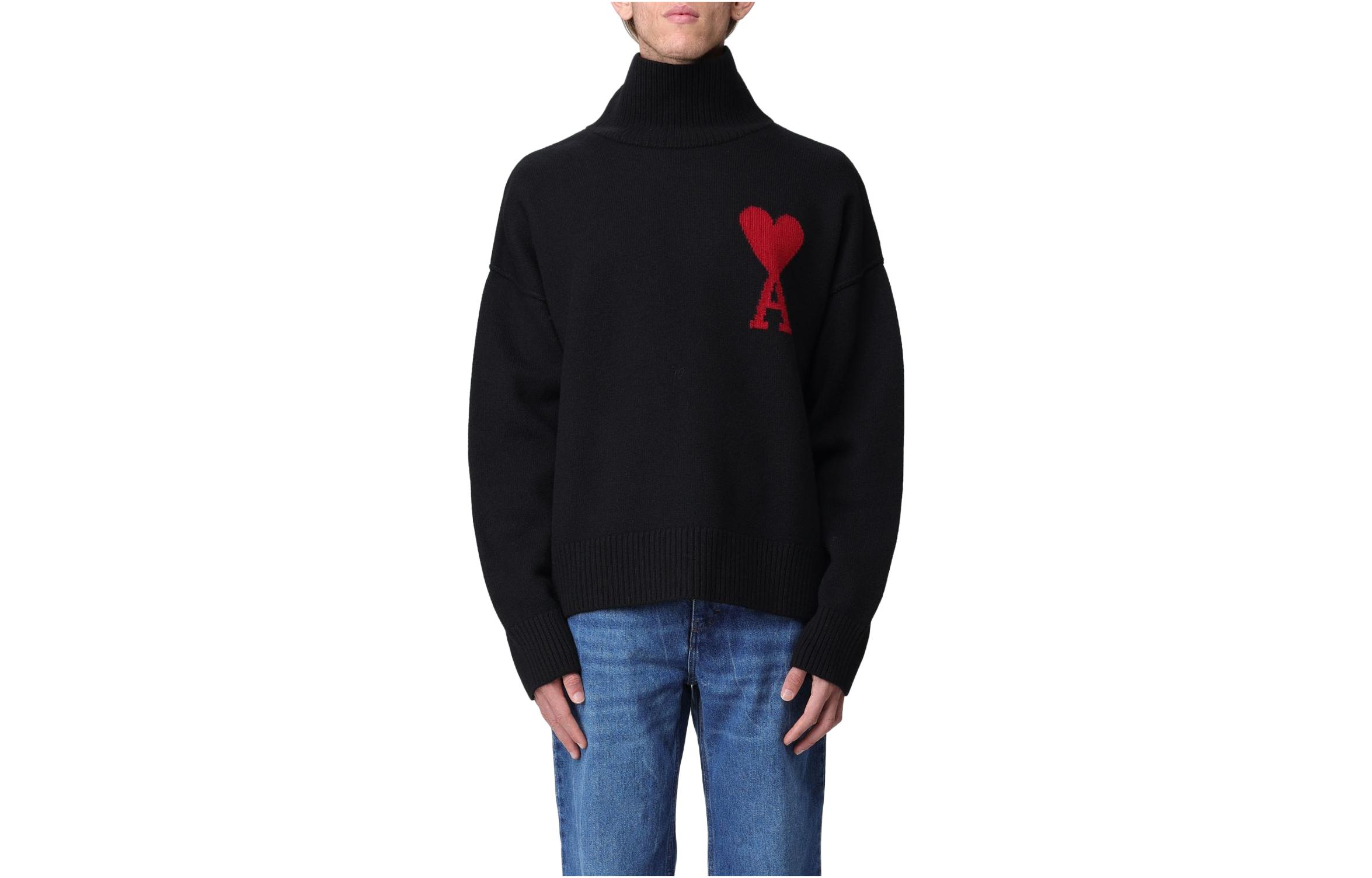 AMI PARIS FW23 Classic Heart Logo Black Turtleneck Sweater Menswear. BFUKS406018-009