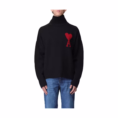 AMI PARIS FW23 Classic Heart Logo Black Turtleneck Sweater Menswear. BFUKS406018-009