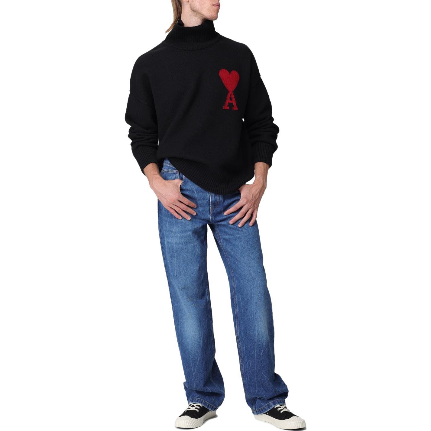 Lookbook AMI PARIS FW23 Klasik Logo Hati Hitam Turtleneck Sweater Lelaki. BFUKS406018-009