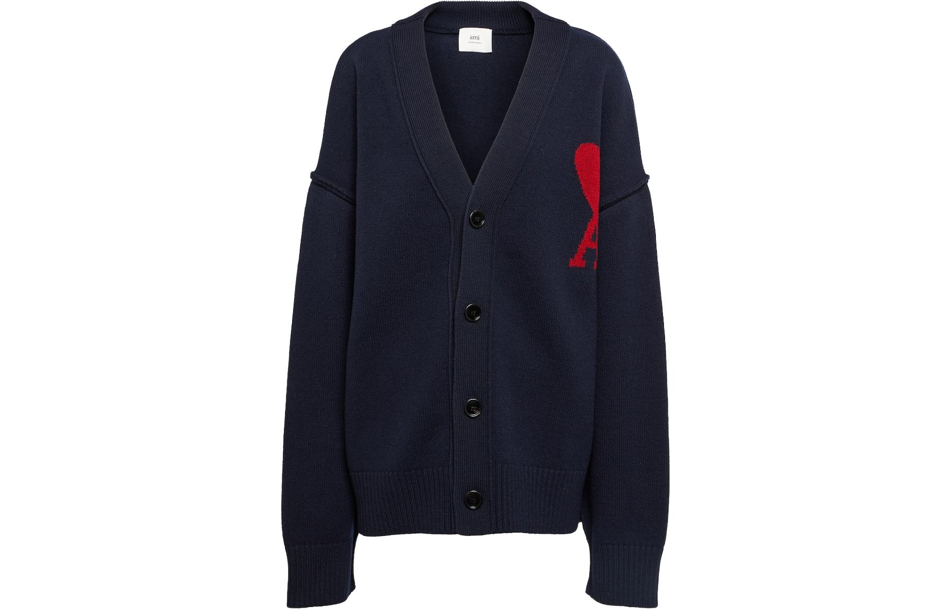 AMI Paris FW23 Classic Heart Logo V-Neck Knit Sweater Unisex Navy Blue. UKC0060184005