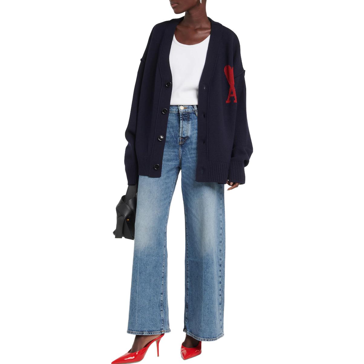 AMI Paris FW23 Classic Heart Logo V-Neck Knit Sweater Unisex Navy Blue. UKC0060184005 圖 5