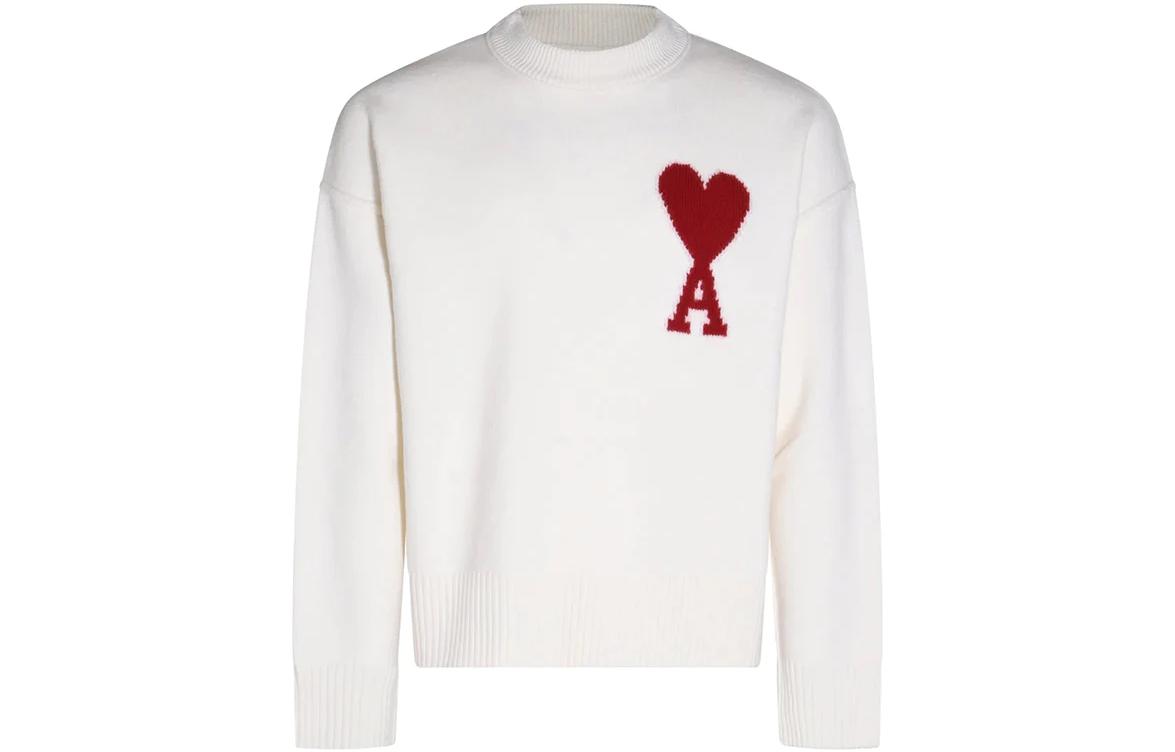 AMI Paris FW23 Classic Heart Wool Embroidered Sweater Unisex Off-White Red Heart. BFUKS006018-154