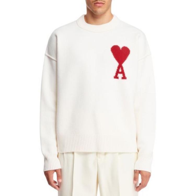 AMI Paris FW23 Classic Heart Wool Embroidered Sweater Unisex Off-White Red Heart. BFUKS006018-154 圖 3