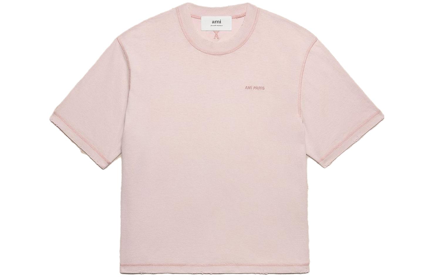 AMI Paris FW23 Embroidered Logo Crewneck T-Shirt Unisex Nude Pink UTS016JE0051679