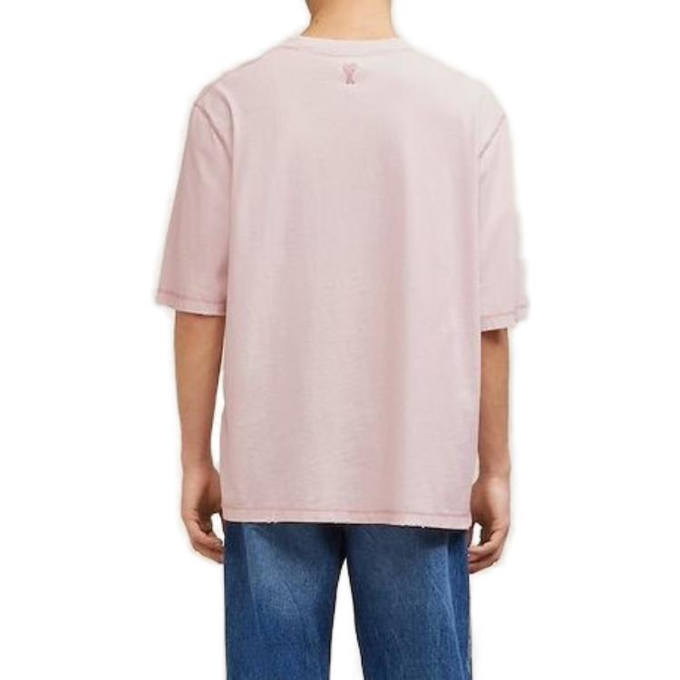 Shop AMI Paris FW23 Baju-T Crewneck Logo Sulam Unisex Nude Pink UTS016JE0051679