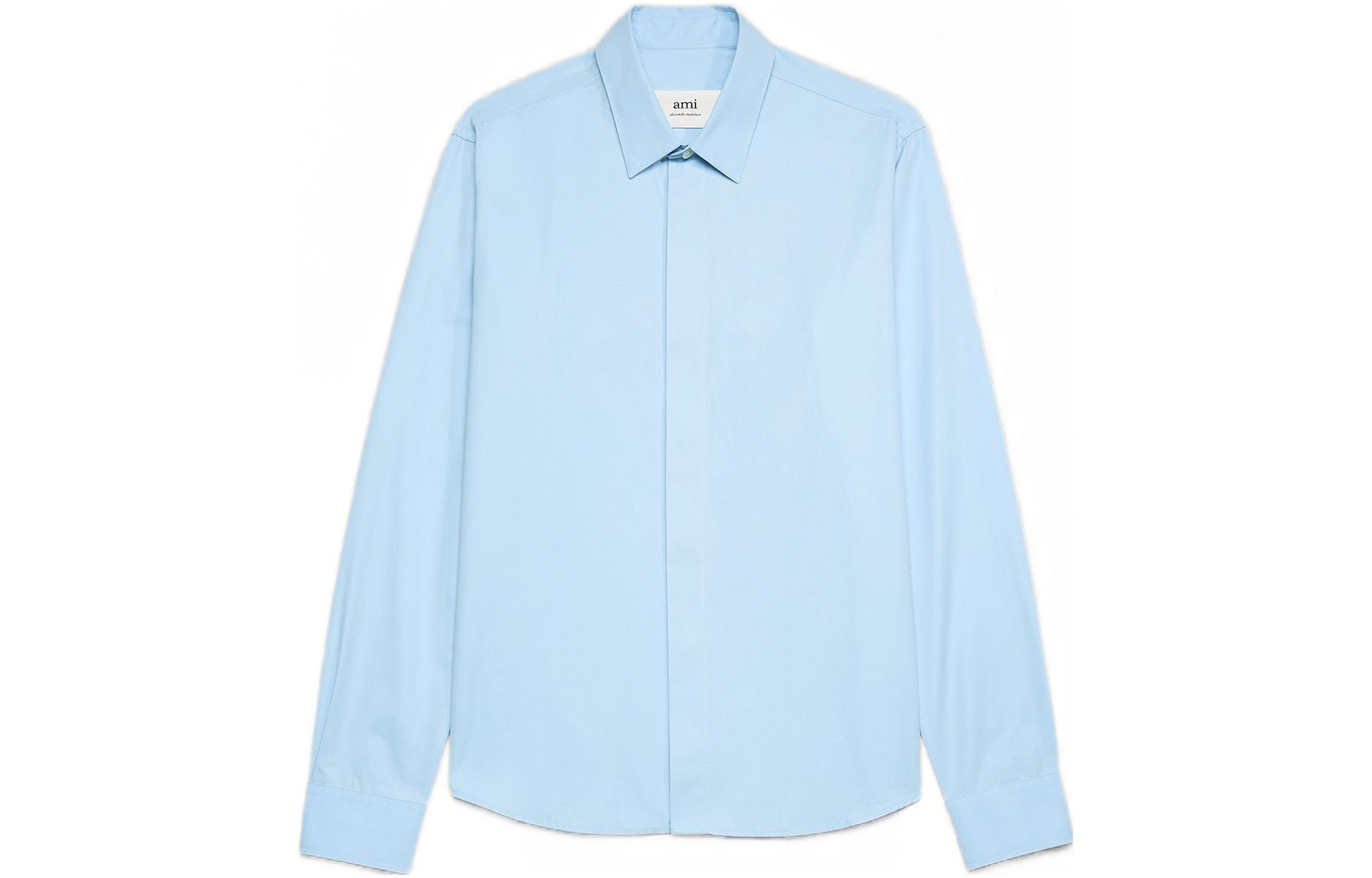 AMI PARIS FW23 Feather Blue Unisex Loose Long Sleeve Shirt with Square Collar USH150CO0045439