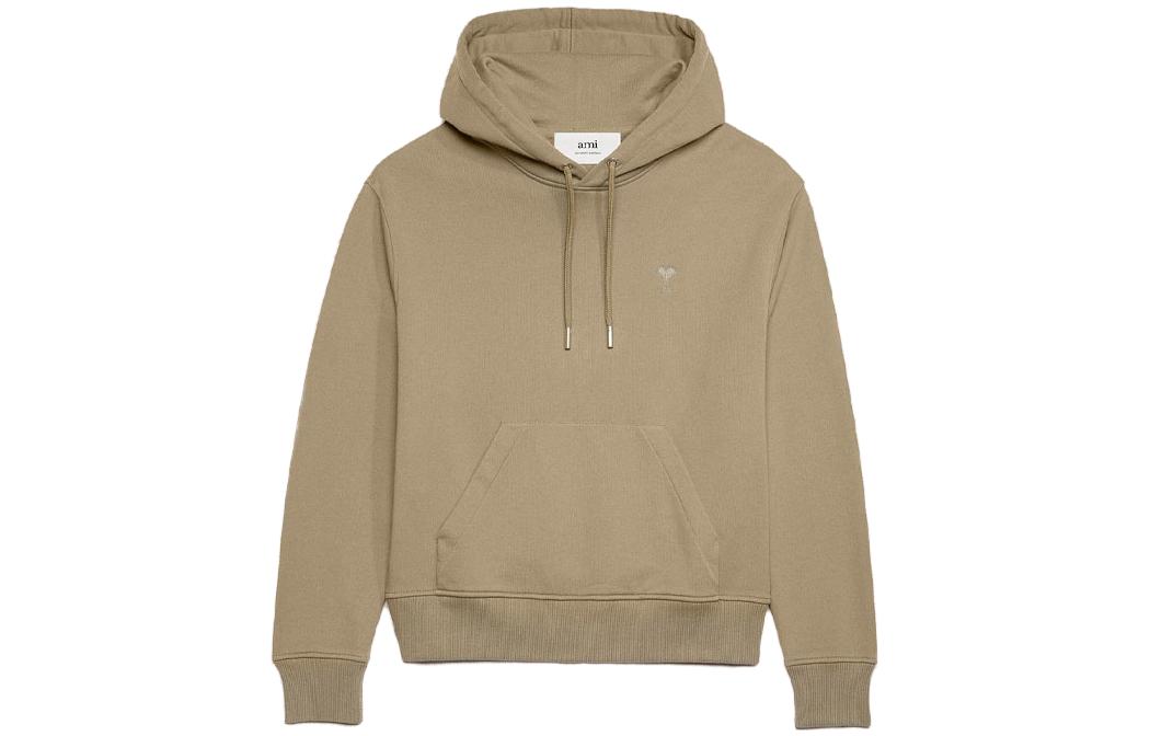 AMI Paris FW23 Heart Embroidery Hoodie Unisex Gray Beige Pullover Sweatshirt USW203730-281