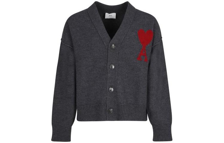 AMI Paris FW23 Heart Logo Loose V-Neck Sweater Unisex Grey BFUKC006018-084