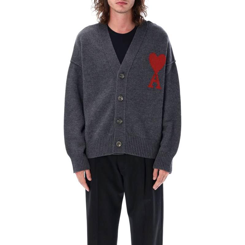 AMI Paris FW23 Heart Logo Loose V-Neck Sweater Unisex Grey BFUKC006018-084 圖 3