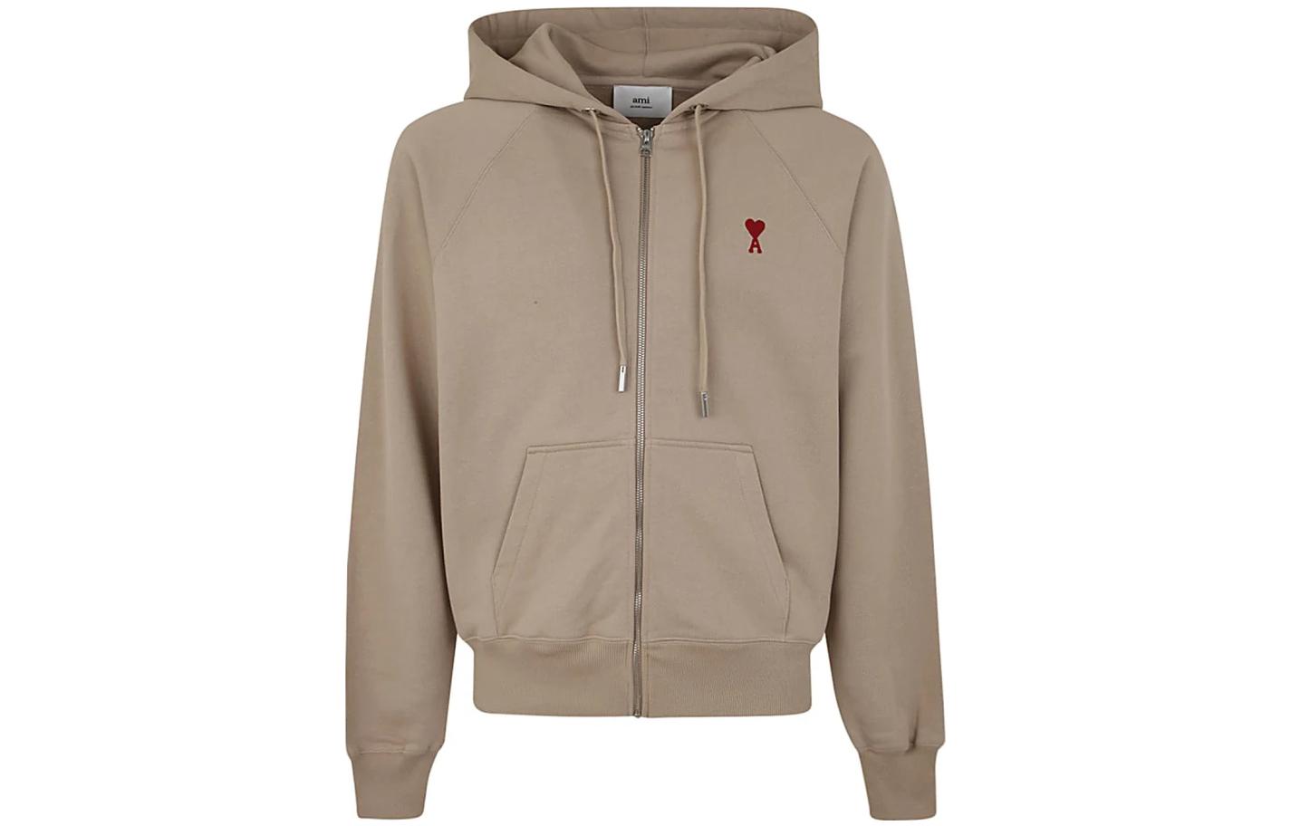 AMI PARIS FW23 Khaki Heart Logo Cotton Zip Hoodie Unisex Casual Fit USW415747WOOL