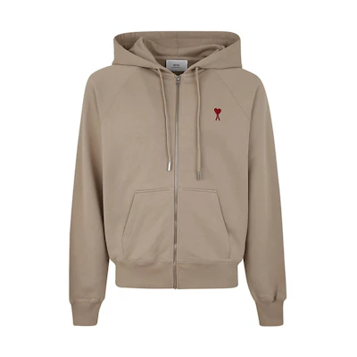 AMI PARIS FW23 Khaki Heart Logo Cotton Zip Hoodie Unisex Casual Fit USW415747WOOL