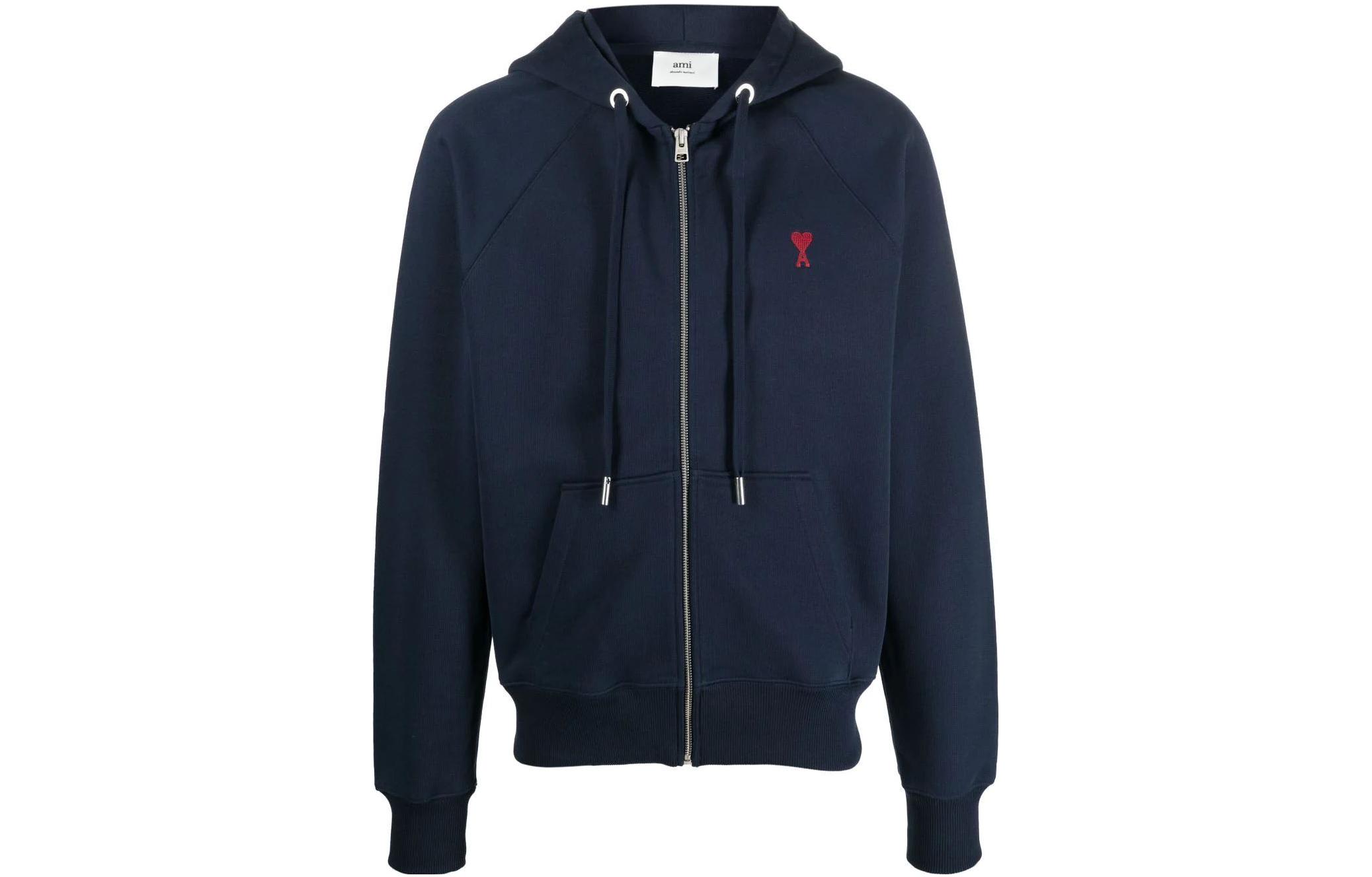 AMI PARIS FW23 Navy Blue Heart Logo Hoodie Jacket Unisex Cotton Casual Style USW415747-430