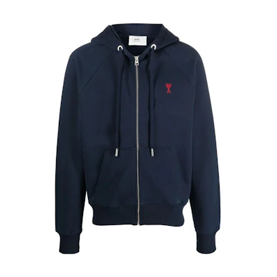 AMI PARIS FW23 Navy Blue Heart Logo Hoodie Jacket Unisex Cotton Casual Style USW415747-430