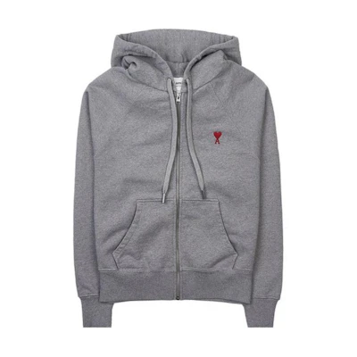 AMI PARIS FW23 Small Heart Hoodie Zip Jacket Unisex Grey Casual Loose Fit USW415747055