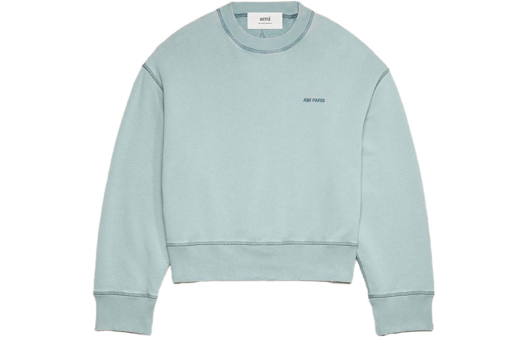 AMI PARIS FW23 Unisex Designer Washed Cotton Casual Pullover Sweatshirt Blue. USW016JE0052468