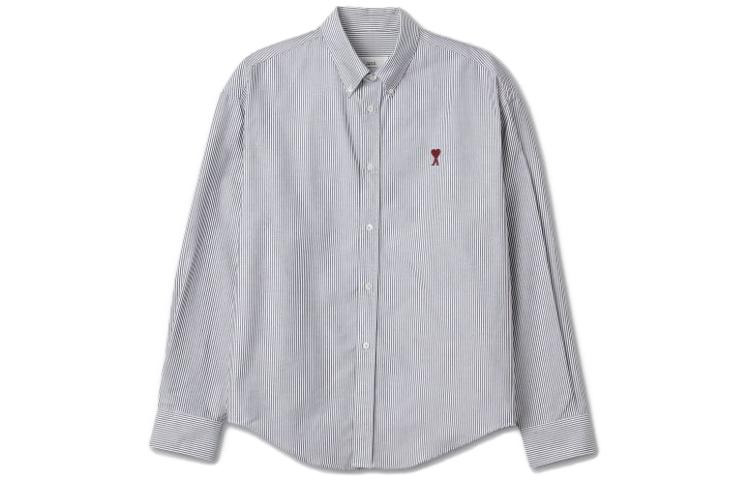 AMI Paris FW23 Unisex Grey Striped Shirt with Red Heart Embroidery. BFUSH130CO0021-039
