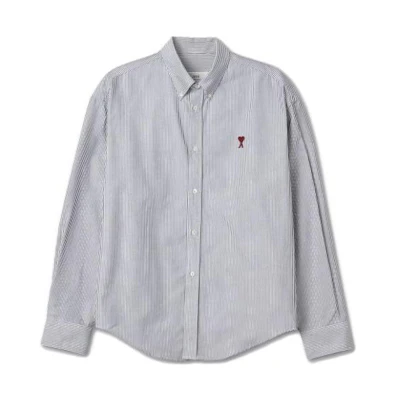 AMI Paris FW23 Unisex Grey Striped Shirt with Red Heart Embroidery. BFUSH130CO0021-039