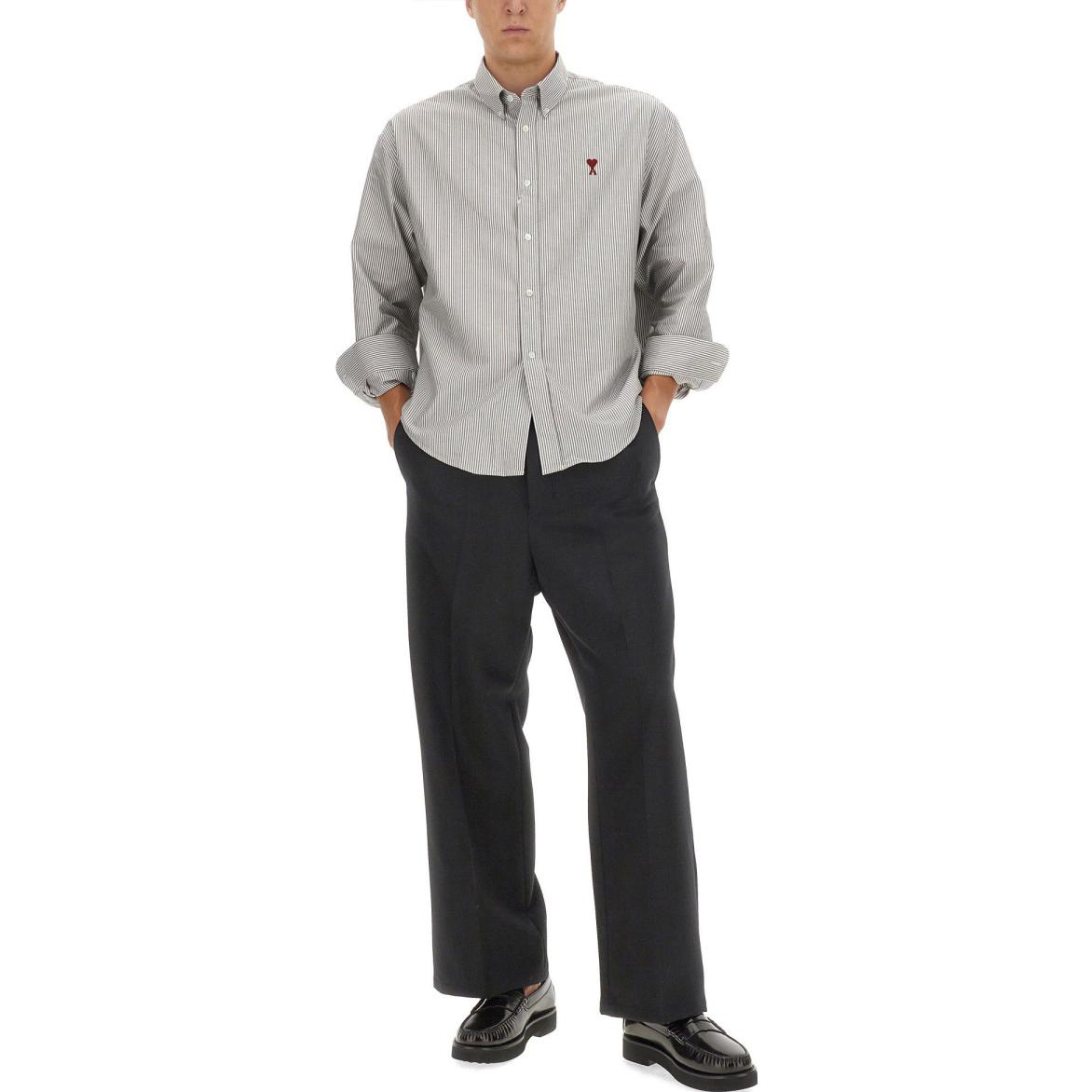 Shop AMI Paris FW23 男女灰色條紋襯衫紅色愛心刺繡款式 BFUSH130CO0021-039