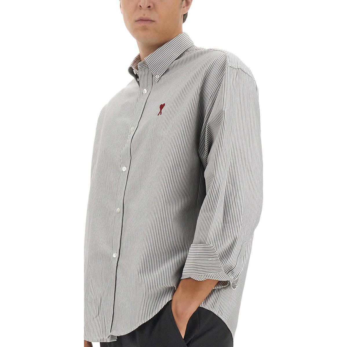 Details for AMI Paris FW23 男女灰色條紋襯衫紅色愛心刺繡款式 BFUSH130CO0021-039