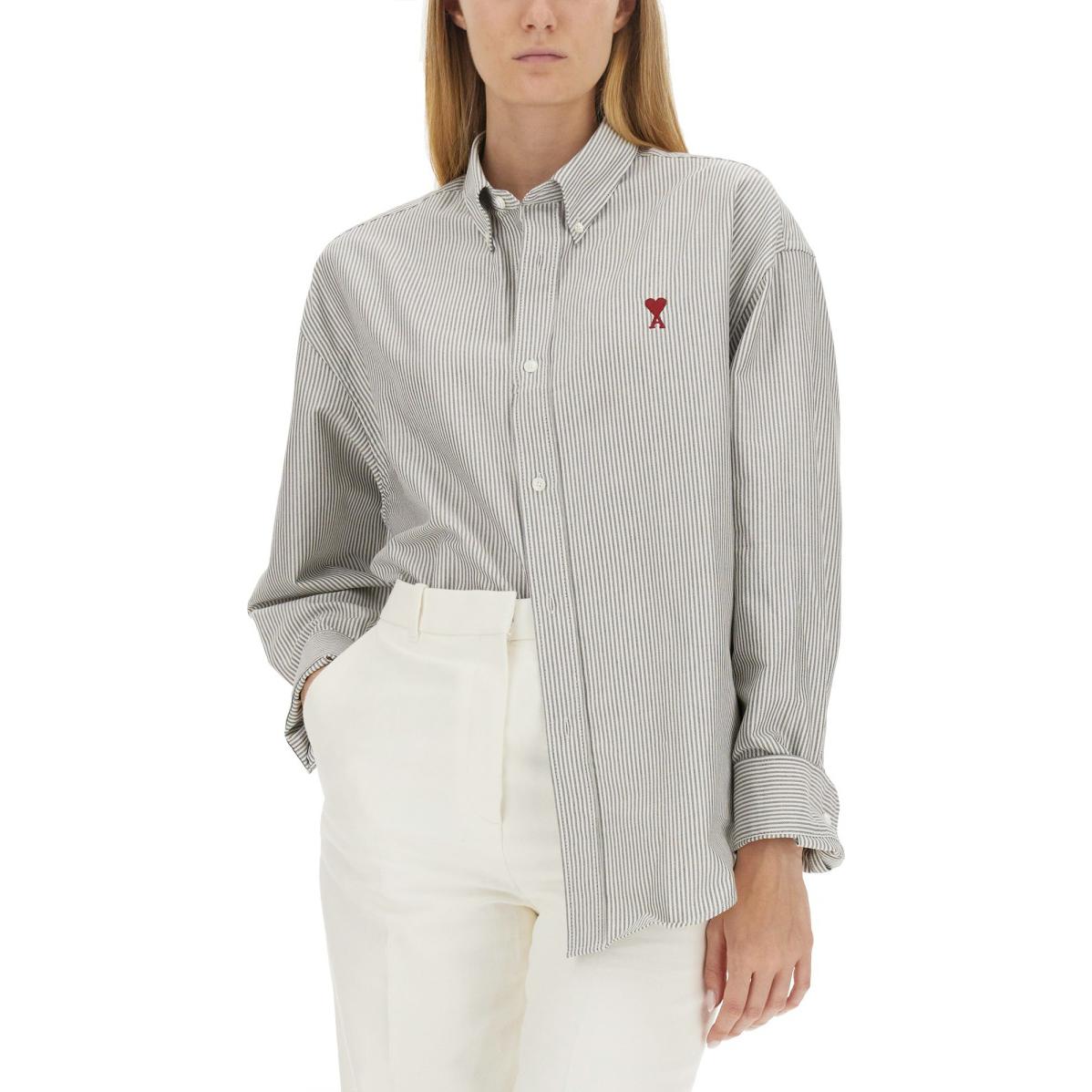 Cheap AMI Paris FW23 男女灰色條紋襯衫紅色愛心刺繡款式 BFUSH130CO0021-039
