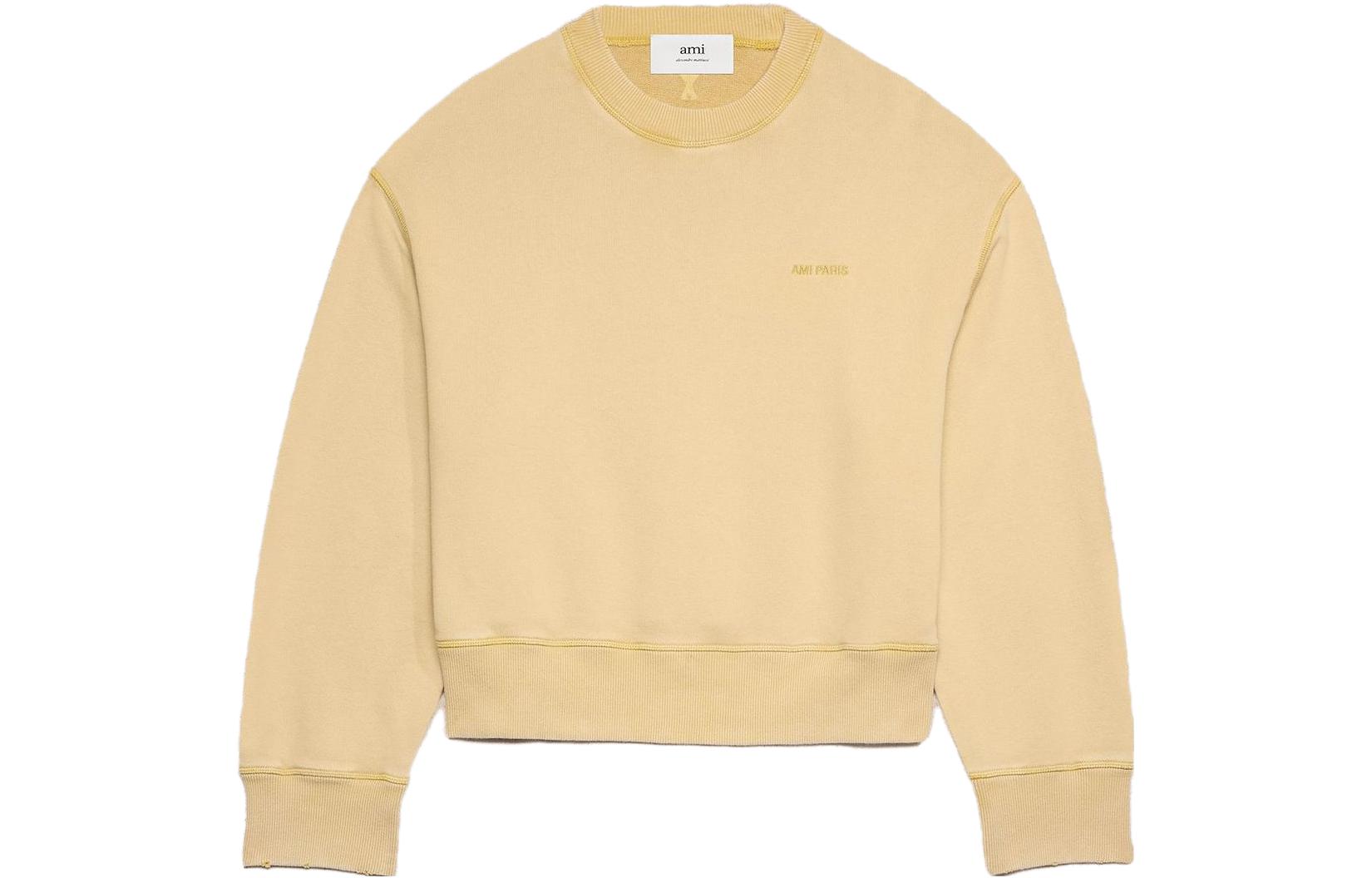 AMI Paris FW23 Unisex Washed Cotton Pullover Sweatshirt Vanilla Cream Color USW016JE0052718