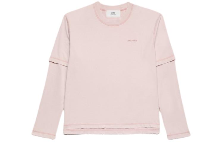 AMI PARIS FW23 Washed Vintage Long Sleeve Crewneck Tee Unisex Bare Pink. UTS216JE0051-679