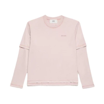 AMI PARIS FW23 Washed Vintage Long Sleeve Crewneck Tee Unisex Bare Pink. UTS216JE0051-679