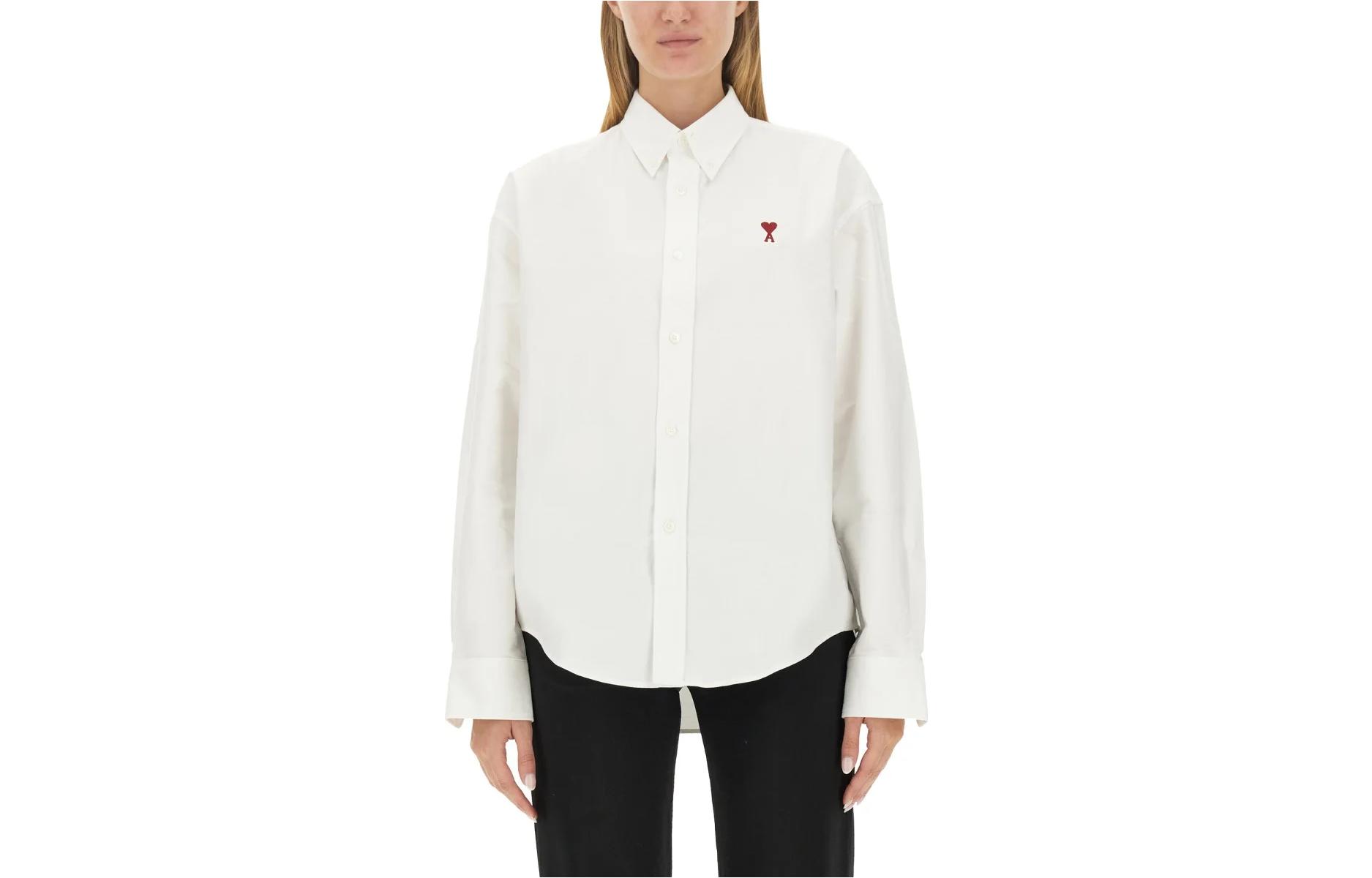 AMI PARIS FW23 White Long Sleeve Shirt with Red Heart, Unisex Casual Shirt BFUSH130CO0031-168