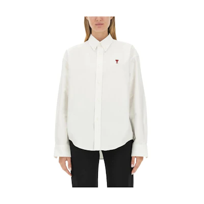 AMI PARIS FW23 White Long Sleeve Shirt with Red Heart, Unisex Casual Shirt BFUSH130CO0031-168