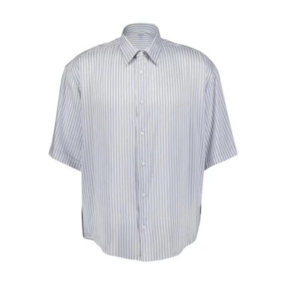 AMI PARIS FW24 Blue Striped Button-Up Short Sleeve Shirt. HSH226.VI0015195
