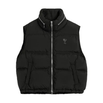 AMI Paris FW24 Black Puffer Vest with Heart Logo and Zipper for Men. HJK703PA0009-001