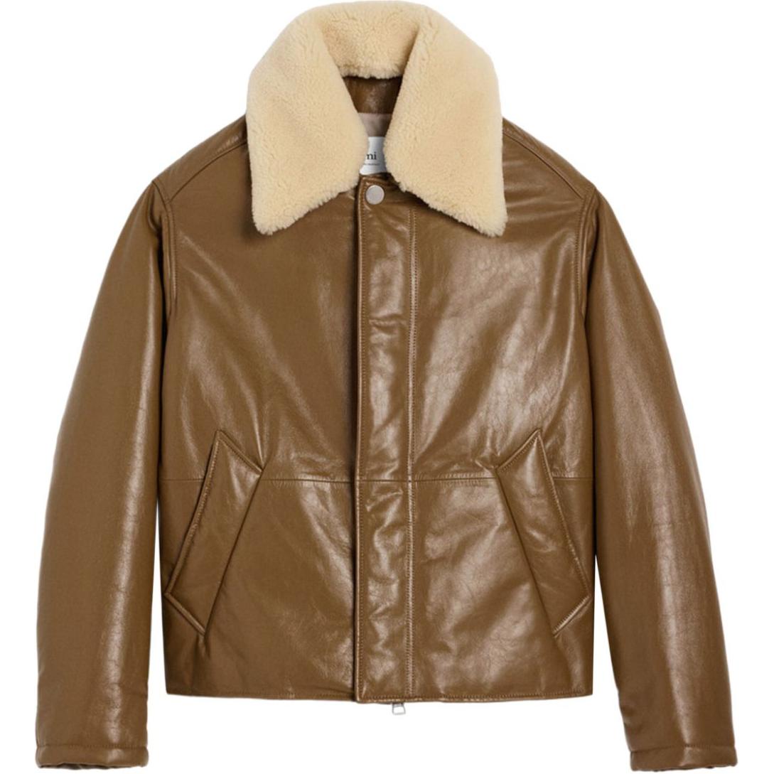 AMI PARIS FW24 Brown Leather Jacket with Draped Side Pocket Design HJK116LH0031-BROWN