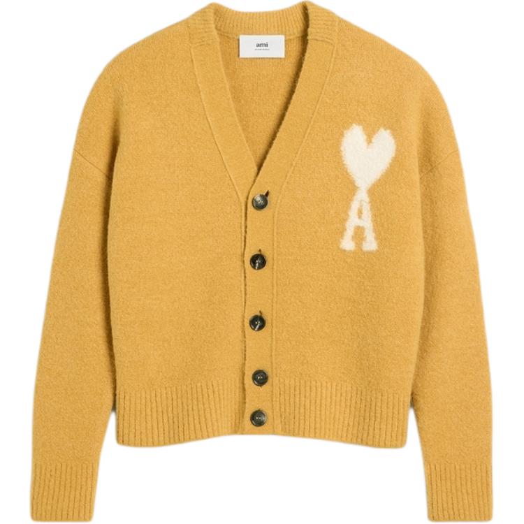 AMI Paris FW24 Heart Logo V-Neck Knit Cardigan Cloud Sweater Unisex Mustard Yellow UKC025KN0032-724