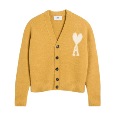 AMI Paris FW24 Heart Logo V-Neck Knit Cardigan Cloud Sweater Unisex Mustard Yellow UKC025KN0032-724