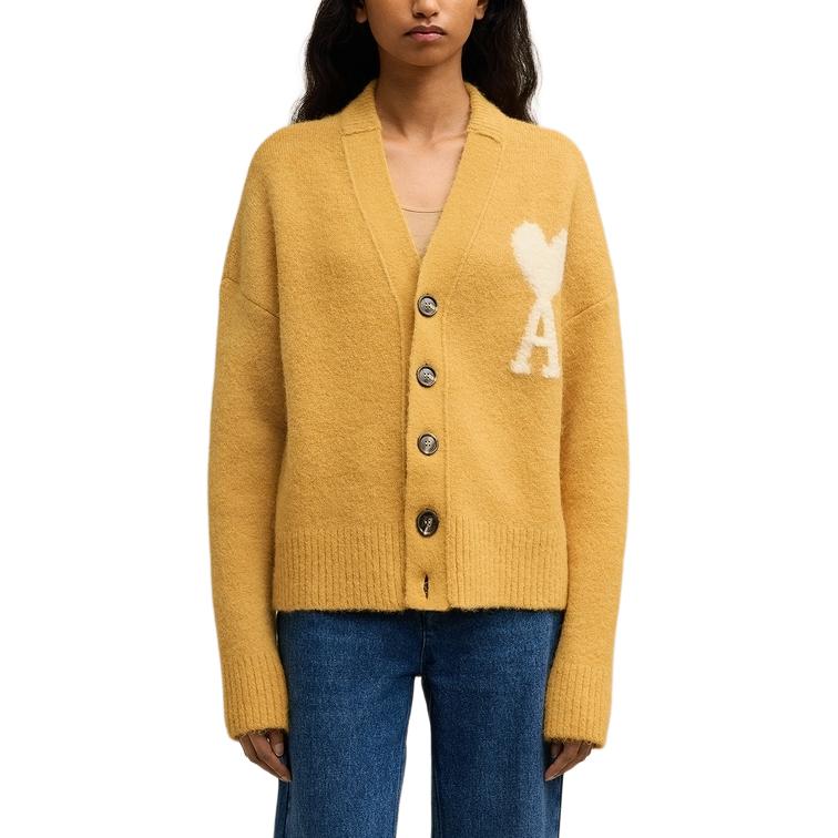 AMI Paris FW24 Heart Logo V-Neck Knit Cardigan Cloud Sweater Unisex Mustard Yellow UKC025KN0032-724 圖 3