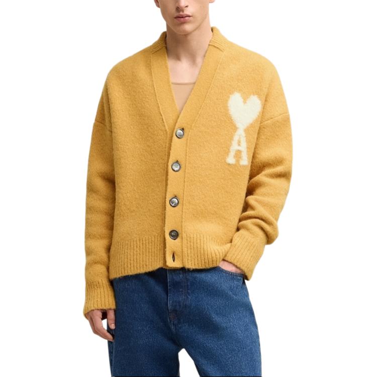 AMI Paris FW24 Heart Logo V-Neck Knit Cardigan Cloud Sweater Unisex Mustard Yellow UKC025KN0032-724 圖 4