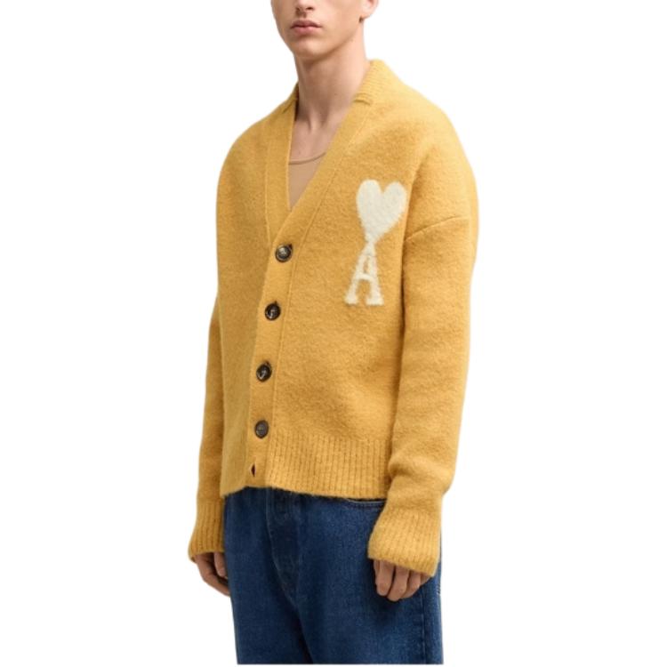 AMI Paris FW24 Heart Logo V-Neck Knit Cardigan Cloud Sweater Unisex Mustard Yellow UKC025KN0032-724 圖 7