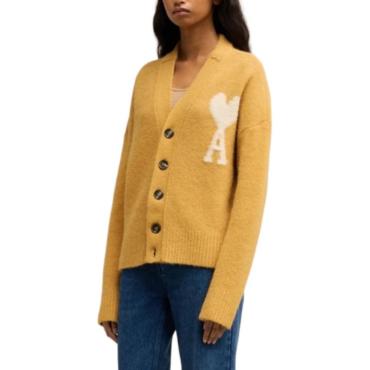 AMI Paris FW24 Heart Logo V-Neck Knit Cardigan Cloud Sweater Unisex Mustard Yellow UKC025KN0032-724 圖 8