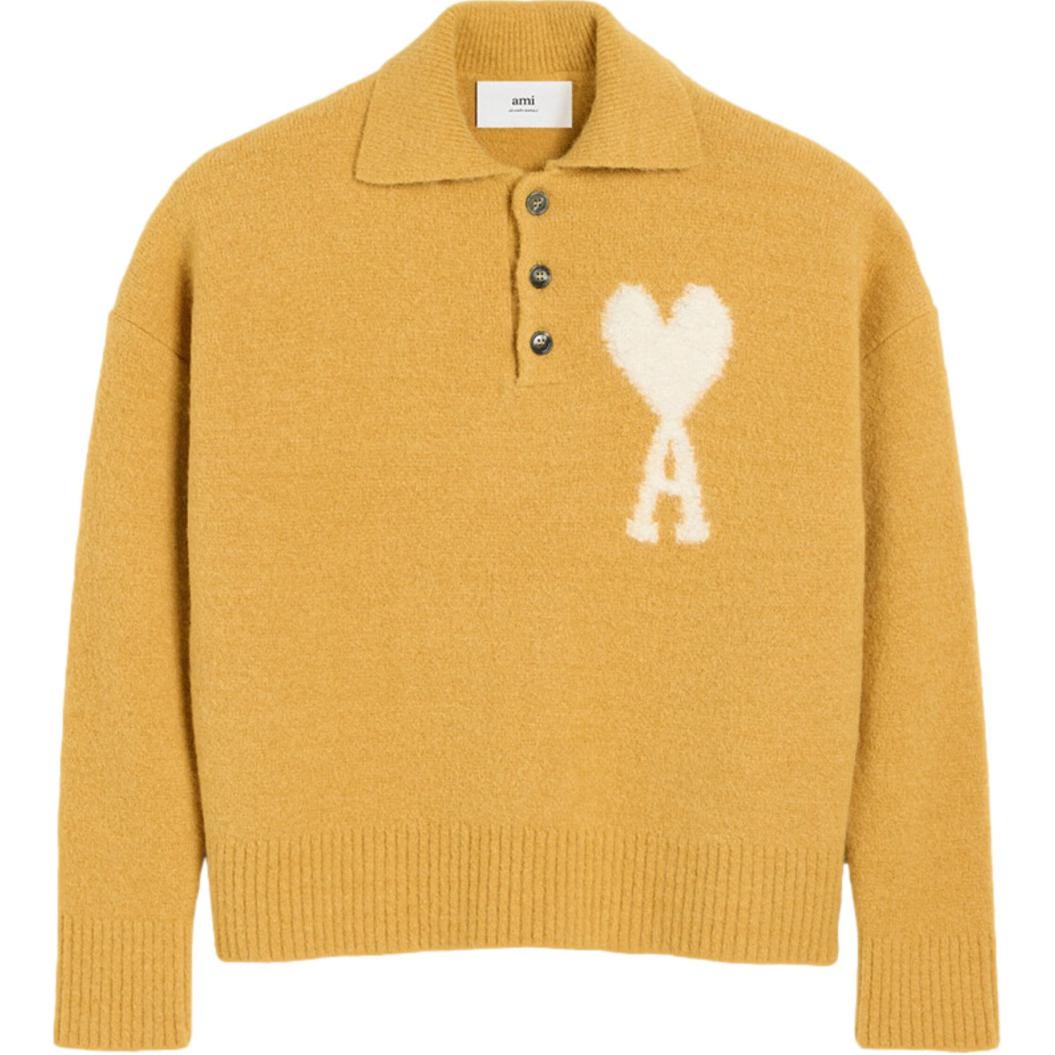 AMI Paris FW24 Heart Pattern Knit Polo Cloud Sweater Unisex Mustard Yellow UPL325KN0032-724 圖 2