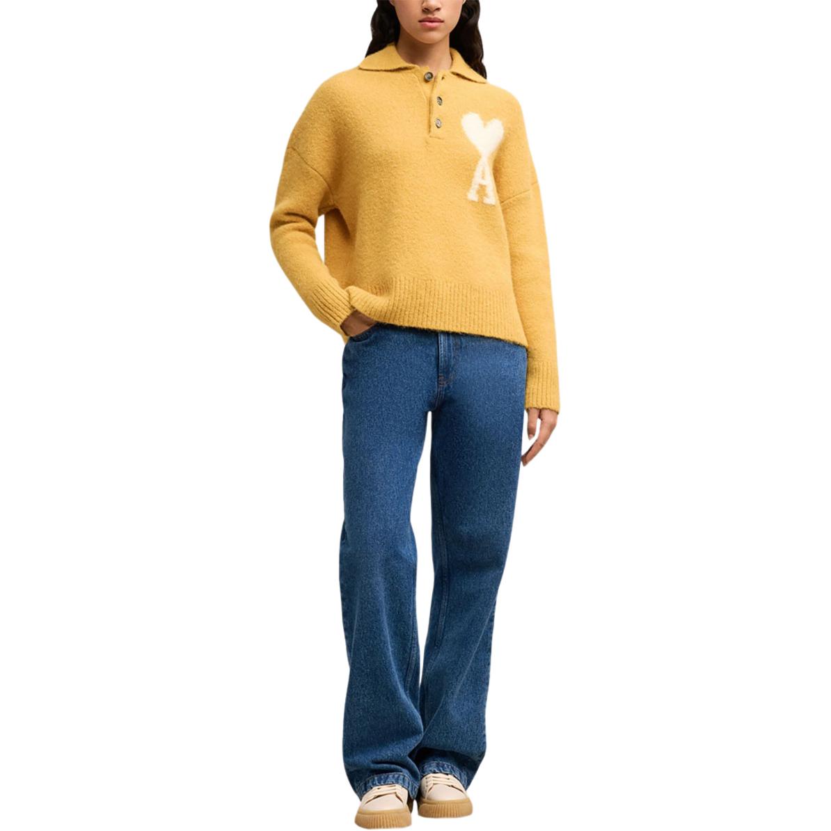 AMI Paris FW24 Heart Pattern Knit Polo Cloud Sweater Unisex Mustard Yellow UPL325KN0032-724 圖 3