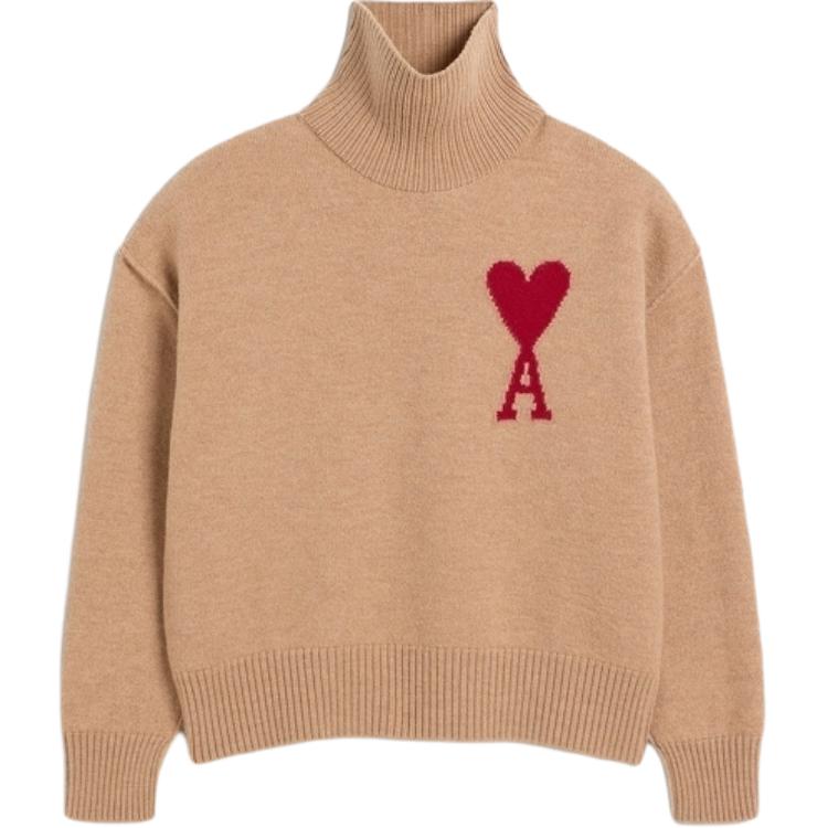 AMI Paris FW24 High-Neck Loose Knit Sweater Unisex - Camel Brown. UKS406018-289 圖 2